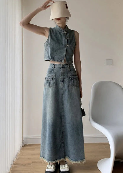 Boutique Blue Stand Collar Tops and Skirts Denim Two Pieces Set Sleeveless