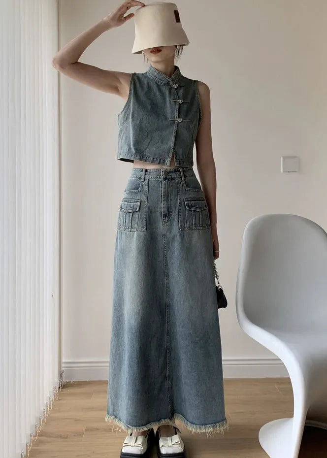 Boutique Blue Stand Collar Tops and Skirts Denim Two Pieces Set Sleeveless