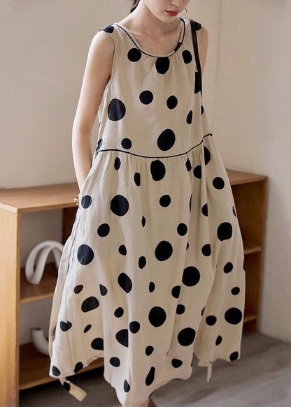 Khaki Dot Pockets Tie Waist Cotton Long Dress Sleeveless