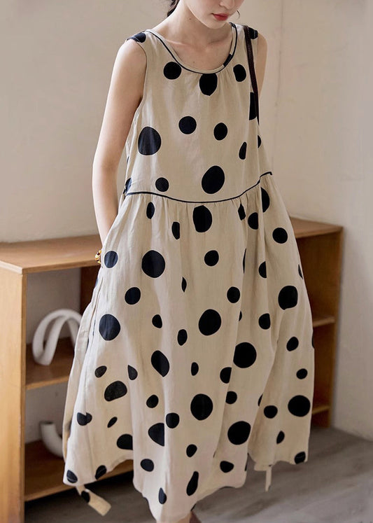 Khaki Dot Pockets Tie Waist Cotton Long Dress Sleeveless