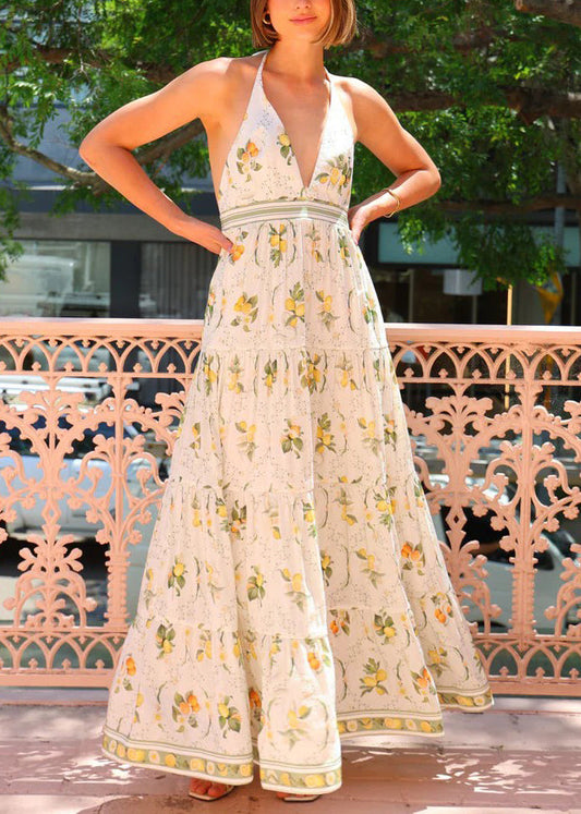V Neck Print Backless Cotton Long Dress Sleeveless