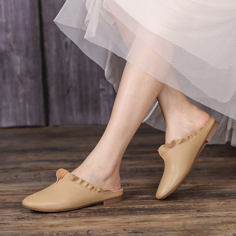 Summer Leather Ruffle Trim Slippers