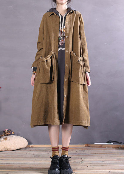 Simple Khaki Button Side Open Corduroy Coats