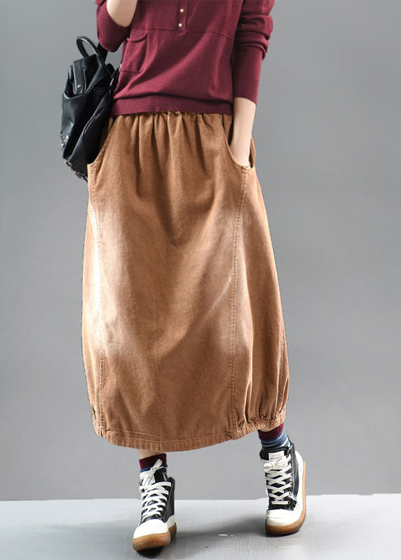 Brown Elastic Waist Corduroy Cotton Skirt