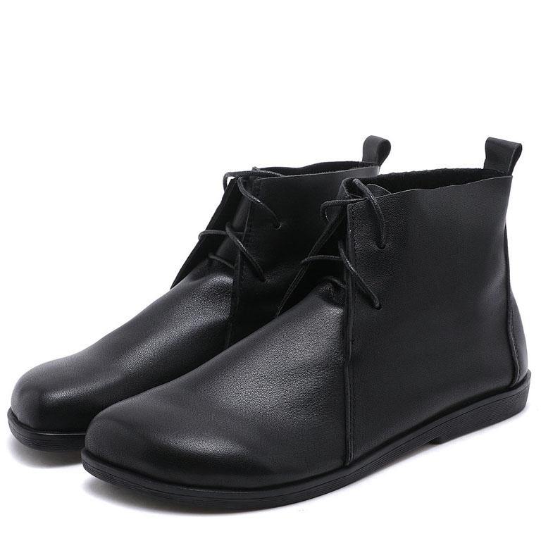 Cross Strap Boots Black Cowhide Leather Ankle Boots