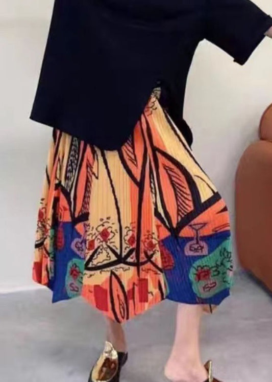 Colorblock Asymmetrical Print Elastic Waist Cotton Skirt