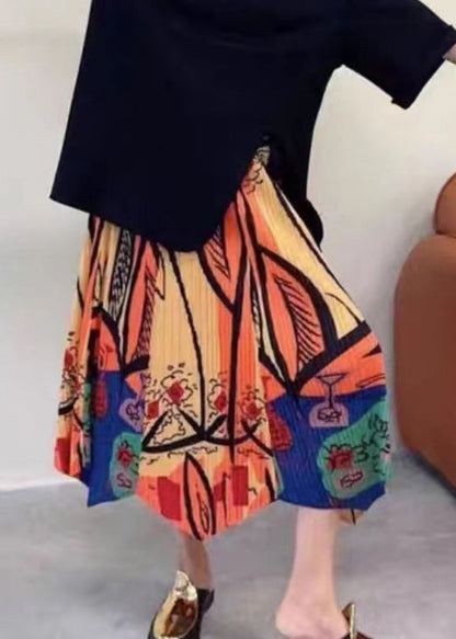 Colorblock Asymmetrical Print Elastic Waist Cotton Skirt