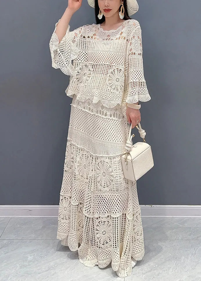 Beige Hollow Out Tops and Skirts Knit Two Piece Set Long Sleeve
