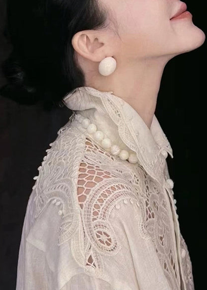 White Peter Pan Collar Hollow Out Button Top Lantern Sleeve