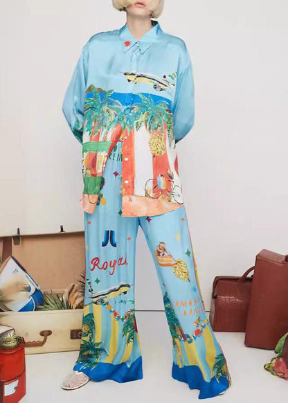Blue Peter Pan Collar Shirts and Wide Leg Pants Two Pieces Set Spring