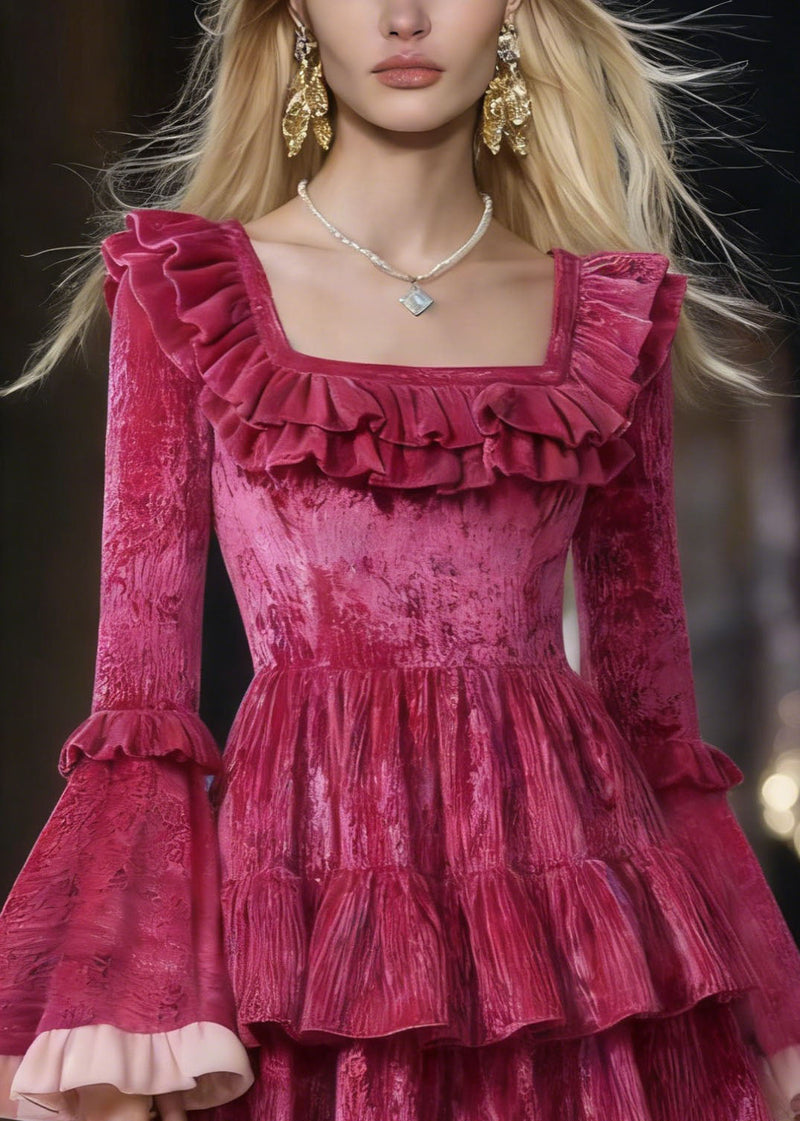 Rose Square Collar Ruffled Patchwork Mini Dresses Flare Sleeve