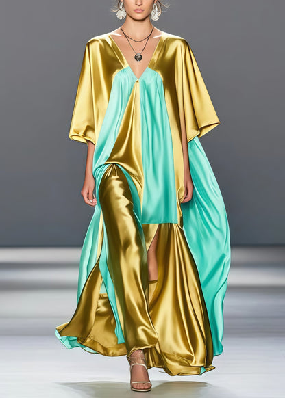 Golden V Neck Patchwork Side Open Silk Long Dress Summer