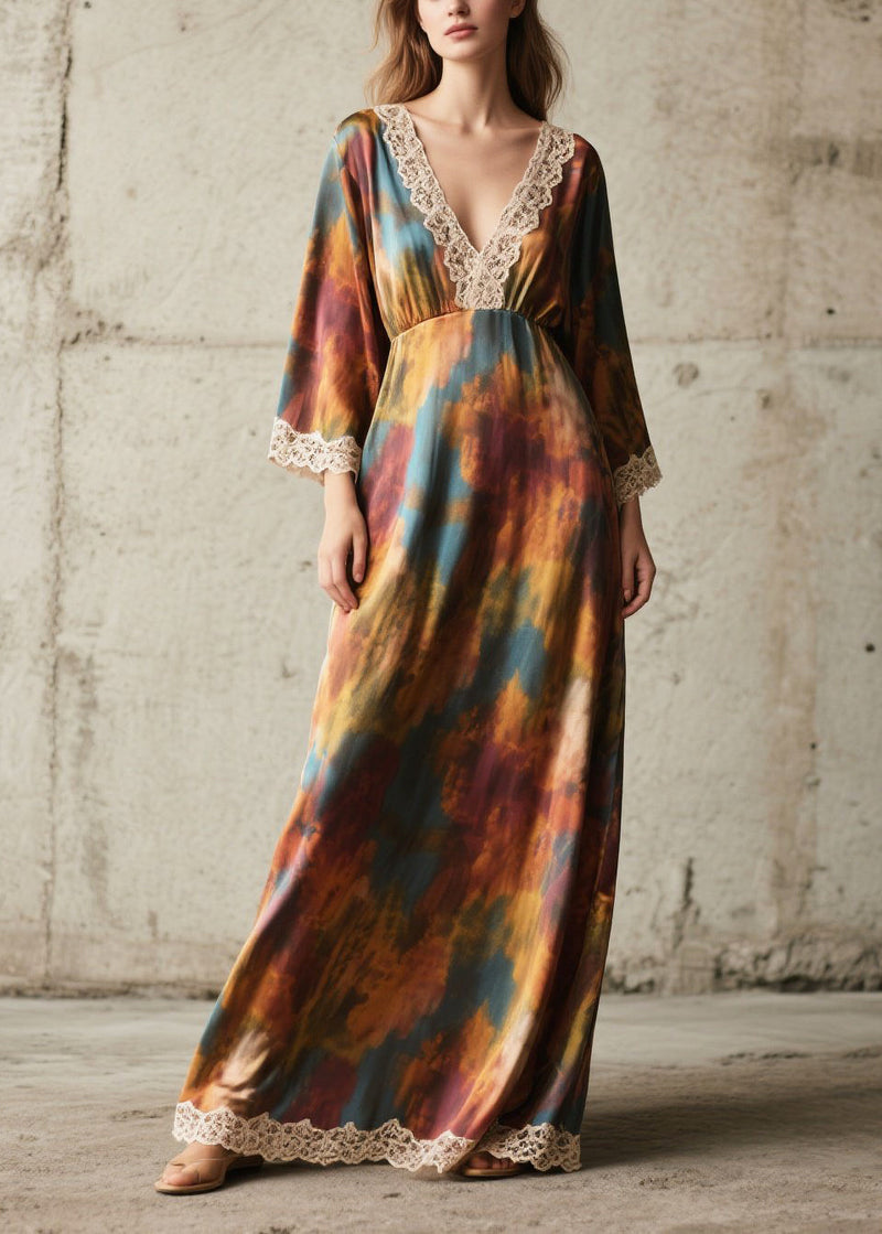 Tie Dye Lace Patchwork Chiffon Robe Dresses Fall