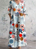 Women's V-neck Seaweed Pattern Resort Style Cotton And Linen Dress Wit