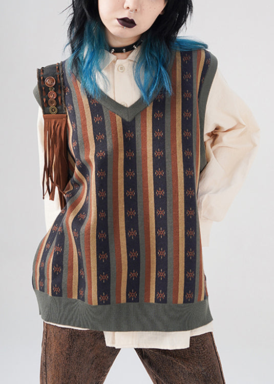 Diy Green V Neck Striped Print Knit Waistcoat Fall