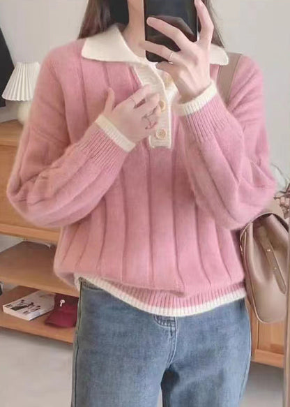 Pink Peter Pan Collar Patchwork Cozy Knit Sweaters Fall