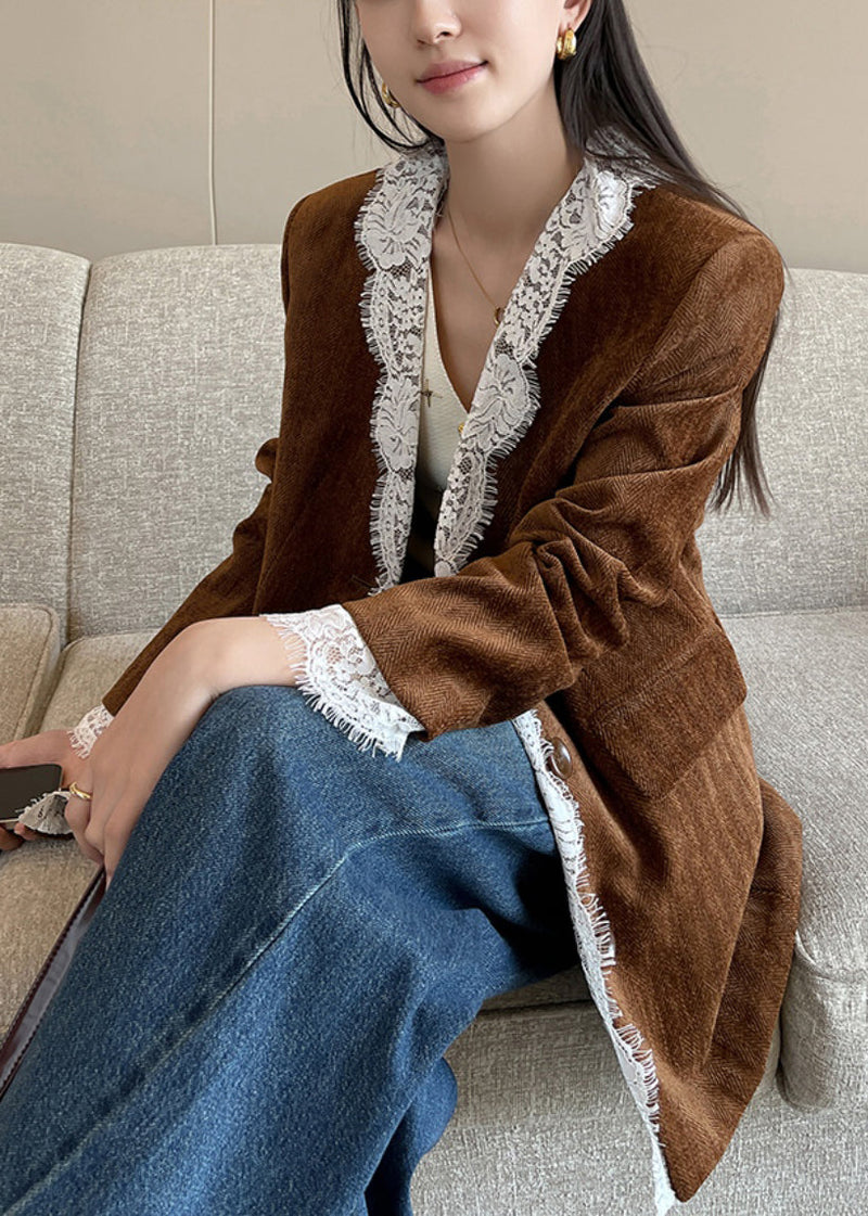 Brown Button Lace Patchwork Silk Velvet Coats Fall