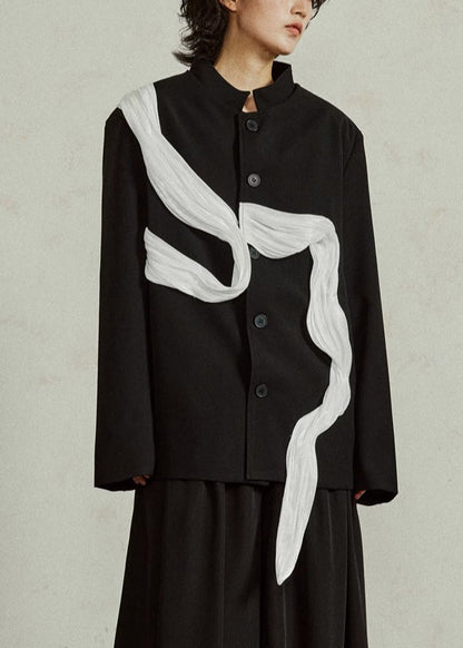 Loose Black Stand Collar Button Patchwork Spandex Coat Fall