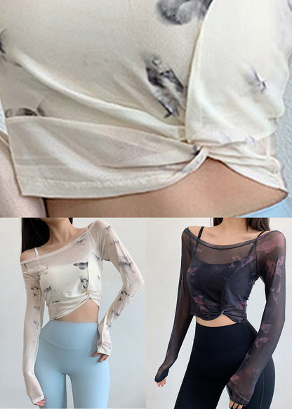 White Print Wrinkled Tulle Fitting Workout Tops