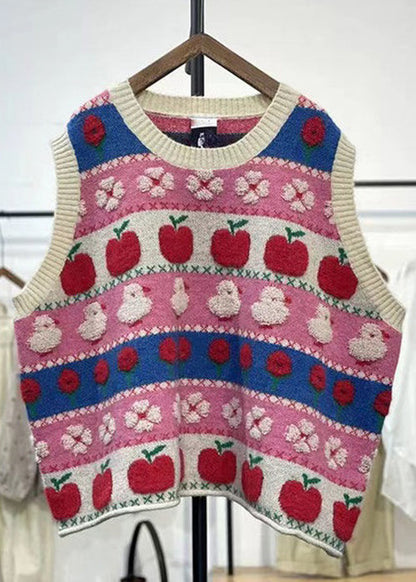 Pink Embroidered Patchwork Cozy Cotton Knit Waistcoat Sleeveless