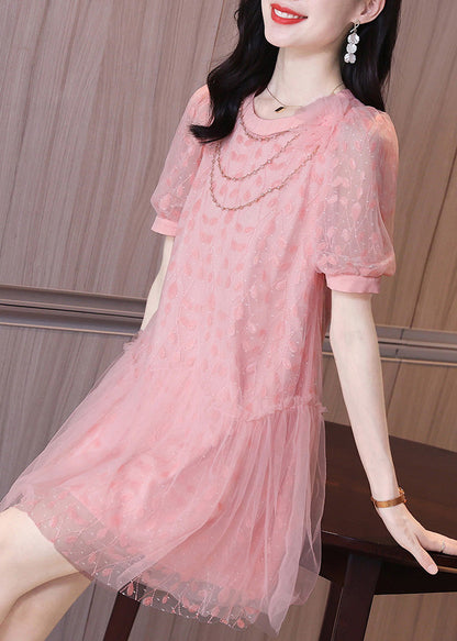 Art Pink Ruffled Patchwork Tulle Party Mid Dress Short Sleeve