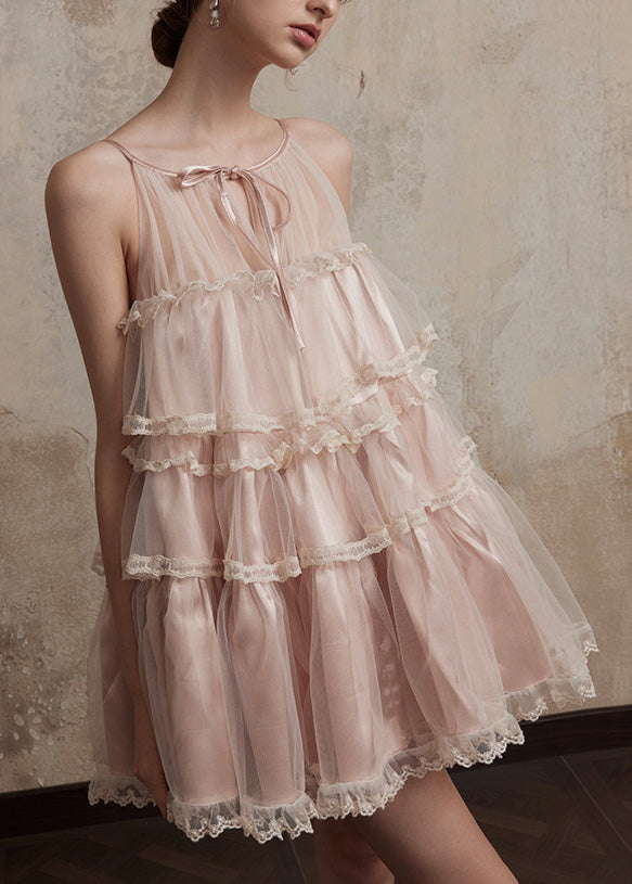 Pink Ruffled Patchwork Tulle Mini Dresses Summer