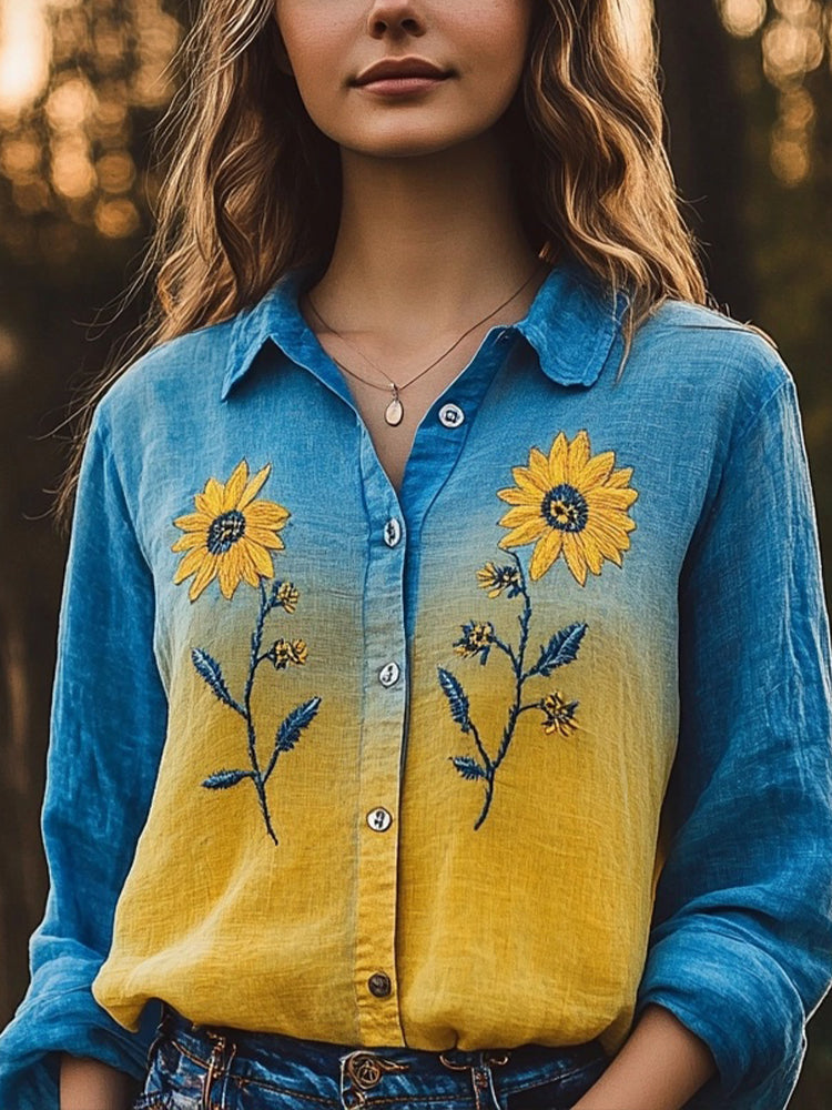 Sunflowers Embroidered Contrast Color Linen Blend Shirt elevenforest