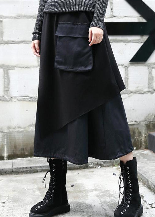 Baggy Black Midi-length Skirt Oversize Traveling Clothing Patchwork Asymmetrical Design Autumn Skirt