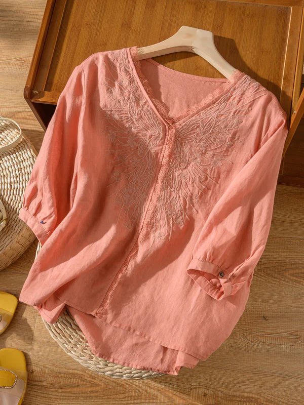 Embroidered V Neck 3/4 Sleeve Linen Tee Top