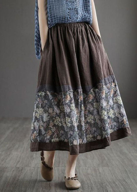 Coffee Wrinkled Pockets Print Patchwork Linen Skirt Summer