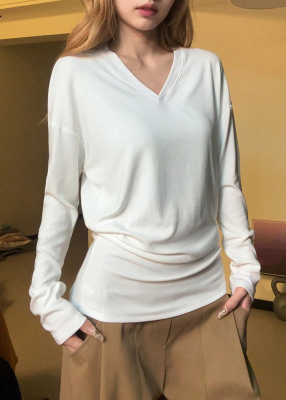 Simple Orange V Neck Cotton T Shirt Fall