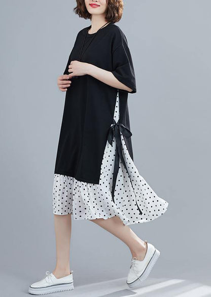Diy O Neck Quilting Dresses Sewing Black Patchwork Dotted Dress