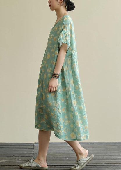 Green Print Linen Clothes O Neck Loose Summer Dresses