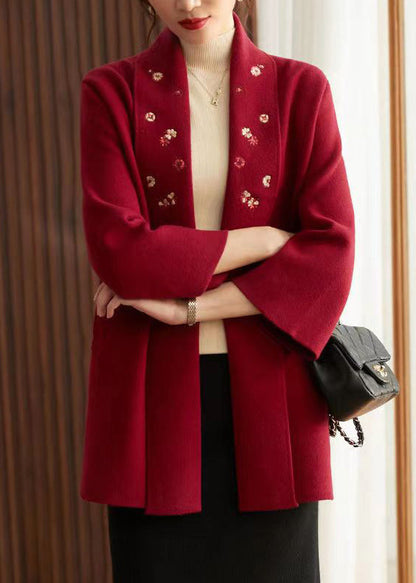Red Embroidered Pockets Patchwork Knit Cardigans Fall
