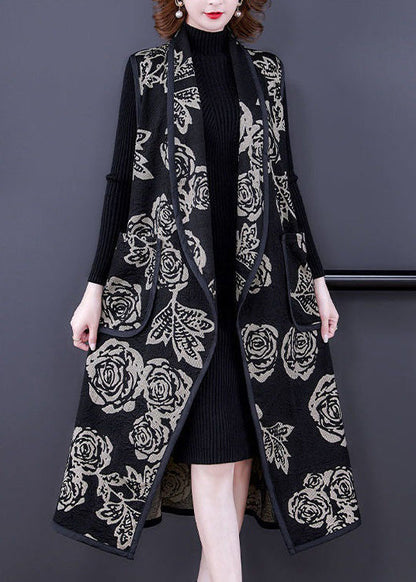 Loose Black Print Pockets Patchwork Cotton Long Waistcoat Sleeveless