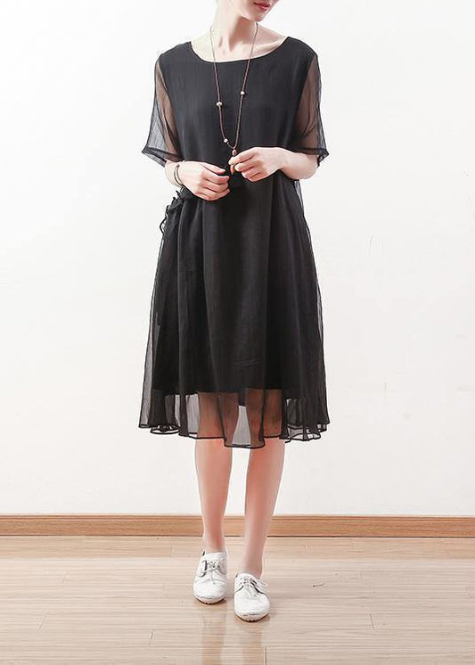 Italian Black Chiffon Dresses O Neck Cinched Long Summer Dress