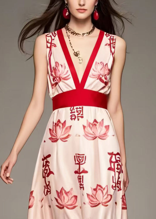 Apricot V Neck Print Chiffon Long Dress Sleeveless