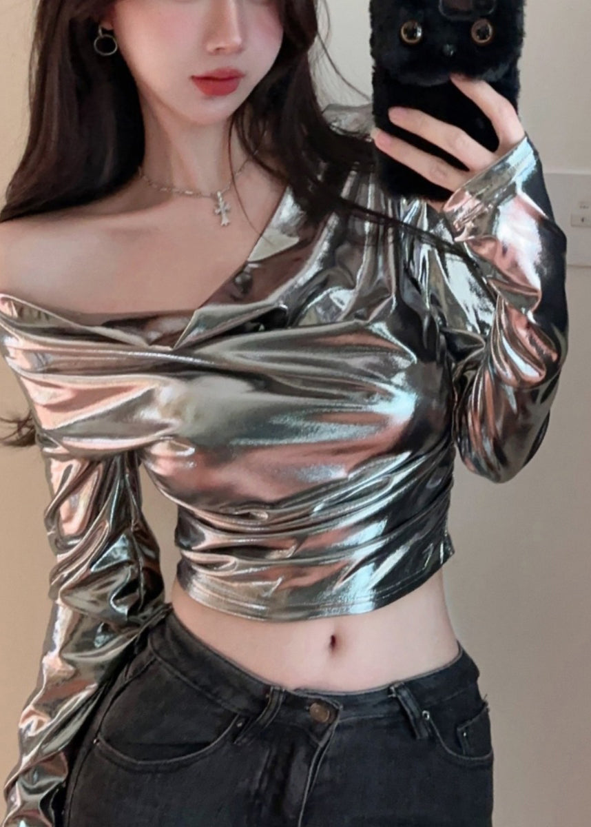 Original Design Silvery Turtle Neck Tops Spring