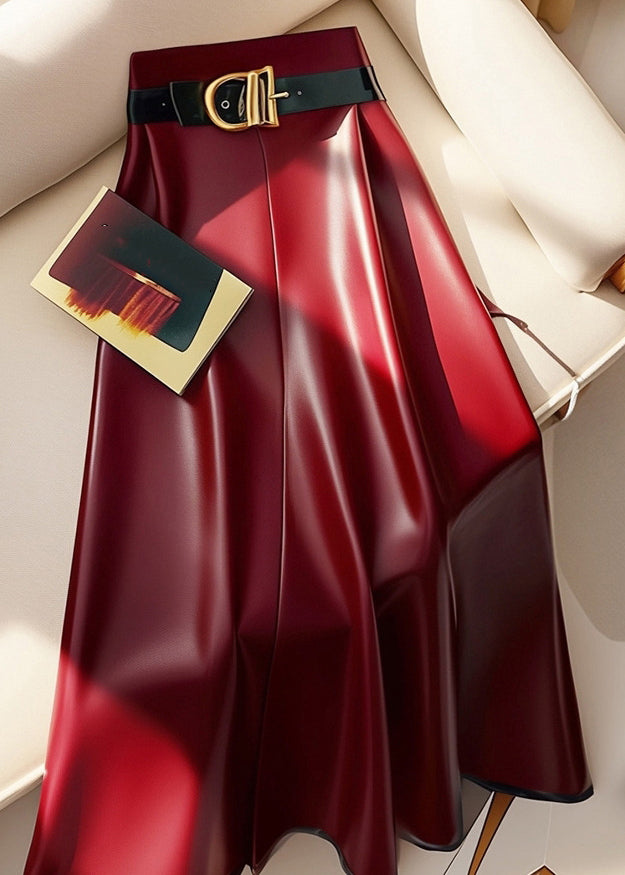 Stylish Red Sashes High Waist Faux Leather Skirts Winter