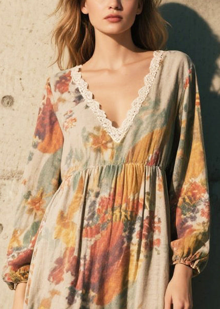 Print Patchwork Lace Cotton Long Dress Fall