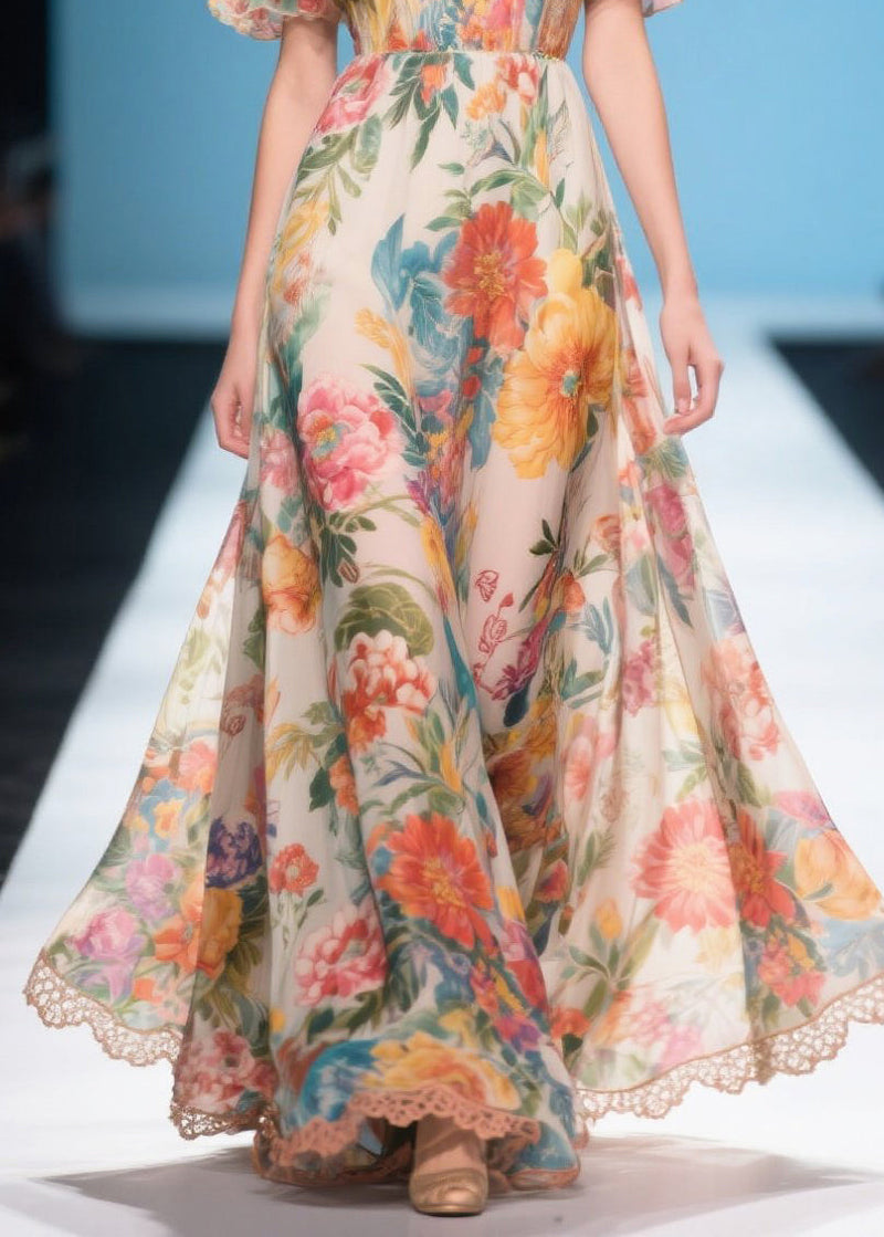 Khaki Cold Shoulder Print Chiffon Long Dress Summer