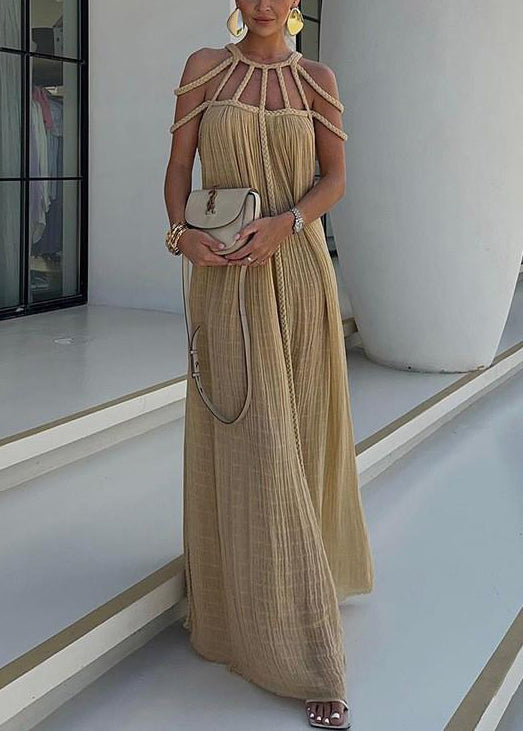 Khaki Wrinkled Cable Hollow Out Cotton Long Dress Sleeveless