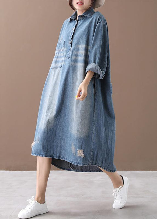 Lapel Hole Outfit Shape Denim Blue Dresses