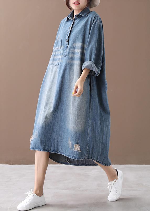 Lapel Hole Outfit Shape Denim Blue Dresses