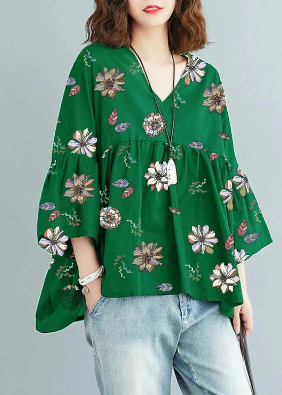 Green V Neck Patchwork Asymmetrical Design Fall Top Three Quarter Sleeve