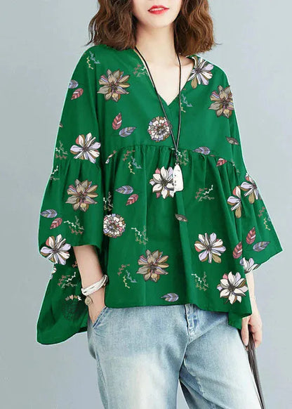 Green V Neck Patchwork Asymmetrical Design Fall Top Three Quarter Sleeve