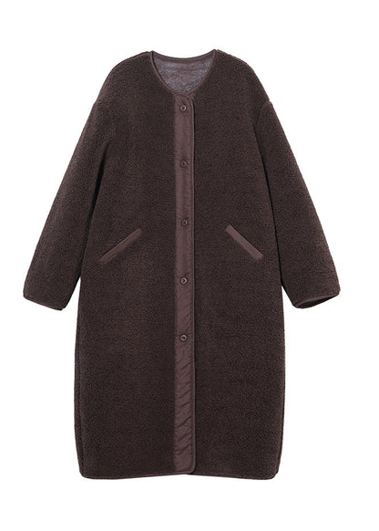 Loose Coffee O-neck Patchwork Button Pockets Faux Fur Coats Long Sleeve