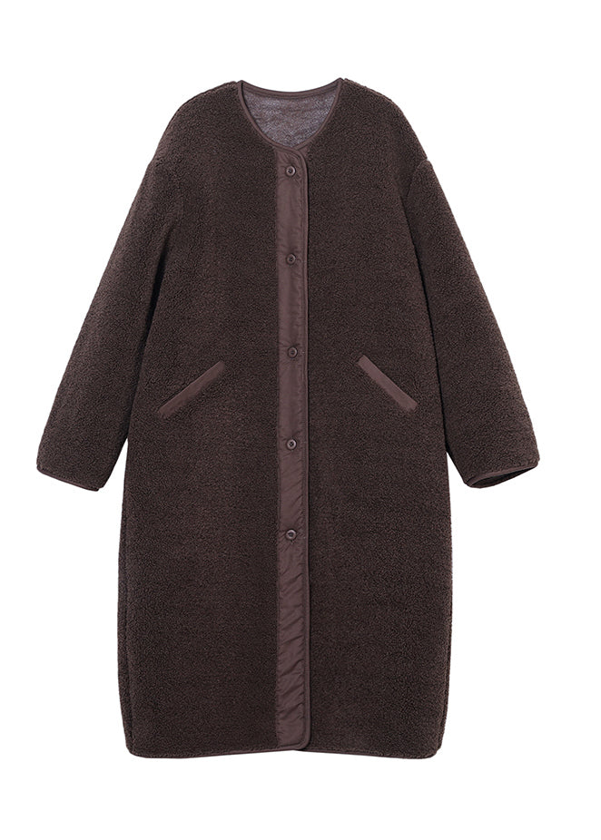 Loose Coffee O-neck Patchwork Button Pockets Faux Fur Coats Long Sleeve
