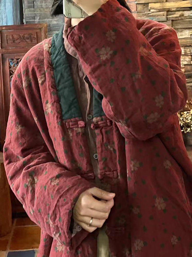 Print Washed Linen Padded Coat