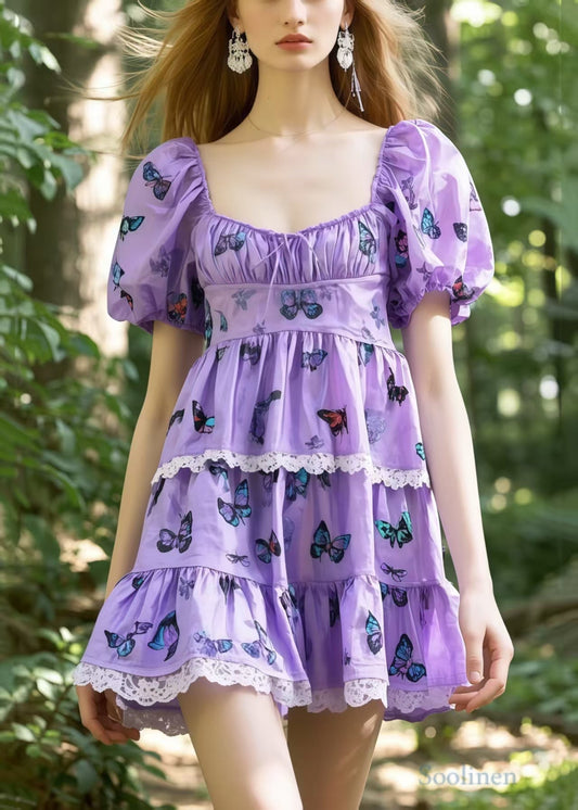 Lavender Square Collar Butterfly Cotton Tea Dress Puff Sleeve